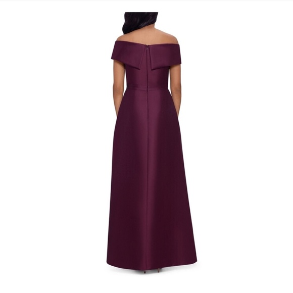 NWT $289 XSCAPE [ 12‎ ] Off Shoulder Draped Asymmetrical Gown in Burgundy - Picture 13 of 13
